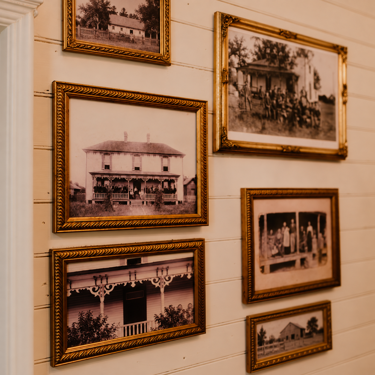 Historic photographs of Blue Spring Estate displayed in gold frames